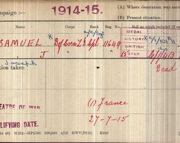 A handwritten Medal Card dated 1914-15 with red ink