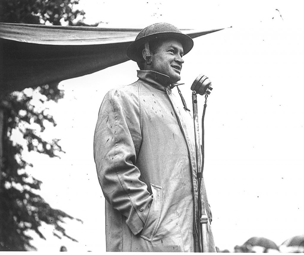 Bob Hope at Bodmin Keep, D Day, WW2, Bodmin barracks, Walker Lines, GI's, Cornwall, Bodmin, Bob Hope sings to troops at Bodmin Keep in Britiash Tin Hat.