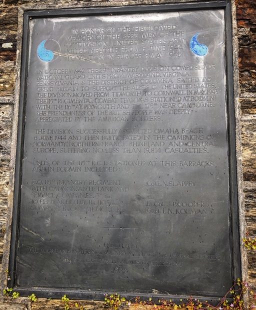 Memorial plaque on the wall of Bodmin Keep, commemorating the efforts of the American GI's who were posted at Bodmin Barracks ahead of D Day.