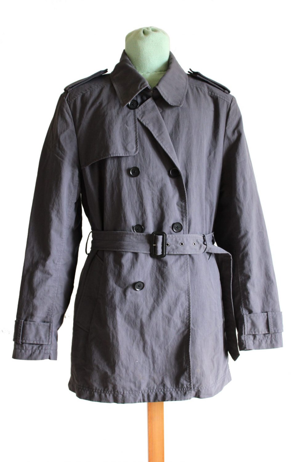Grey blue trench coat with large buttons and belt 