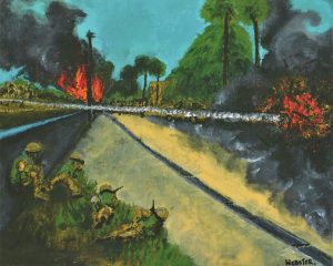 Painting of soldiers crouched on a street with explosions going off around them.