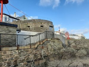 Stone World War 2 pillbox on the sea wall at Fowey