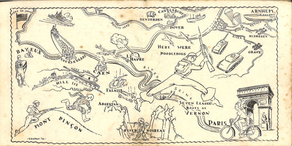 Inside view of World War 2 Christmas card from the Bodmin Keep archive. There is a map featuring drawings of soldiers, tanks, boats and planes.