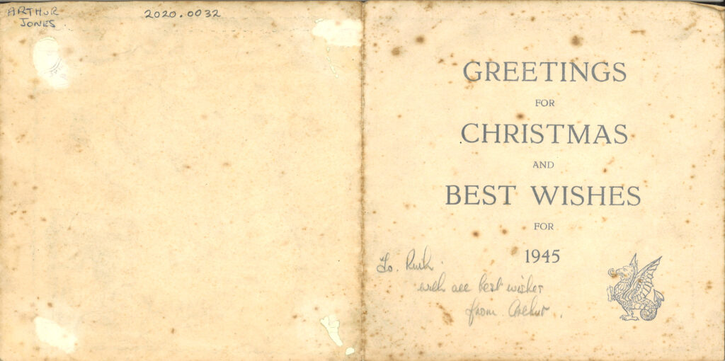 Outside view of Christmas card from the Bodmin Keep archive. It says, "Greetings for Christmas and best wishes for 1945."