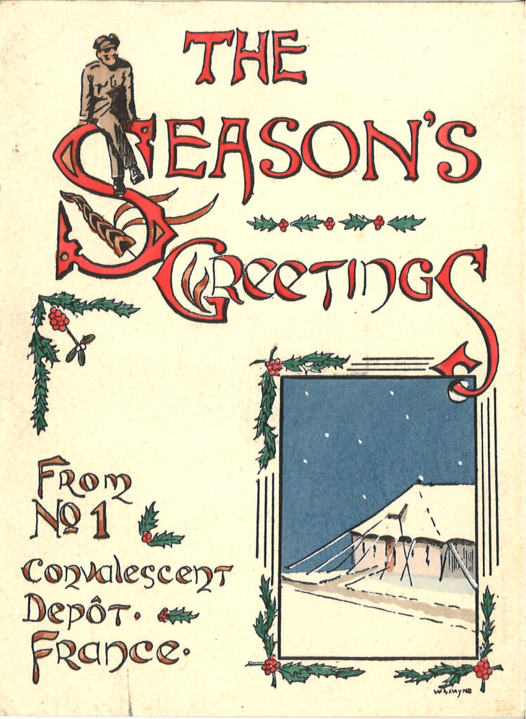 Christmas card from the Bodmin Keep archive. It says, "Seasons greetings form No.1 Convalescent Depot France."