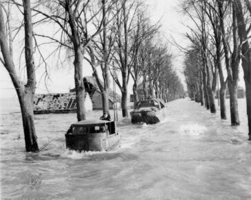 M29 Weasel followed by a DUKW amphibious vehicle navigate down a flooded avenue